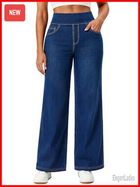 Wide Leg Stretchy Jeans for Women Pull On High Waist Tummy Control Pockets
